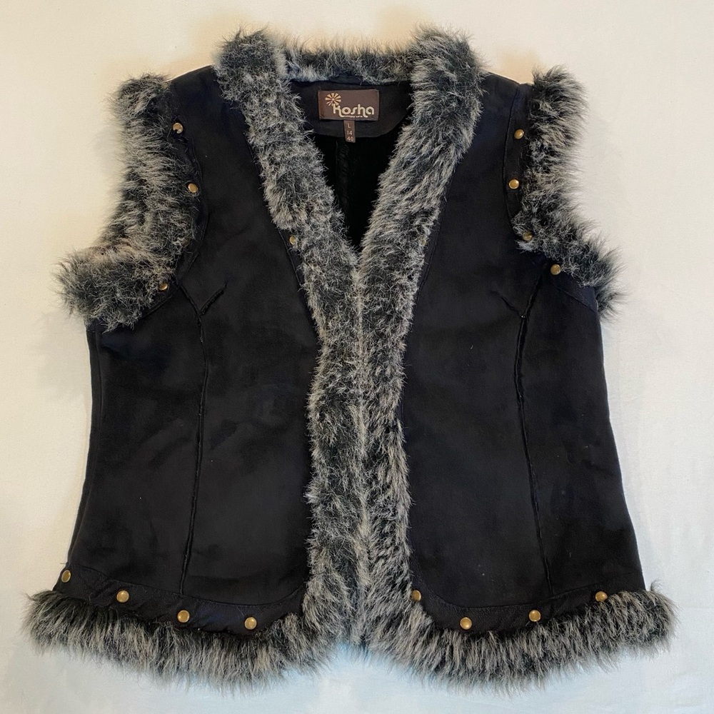 Vintage 90s Black Suede Faux Fur Trim Vest with Gold Stud Details, Boho Grunge